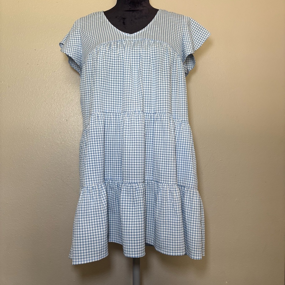 MiAmi Blue White Gingham Dress Babydoll Tiered Casual Pockets Short A-Line Flare